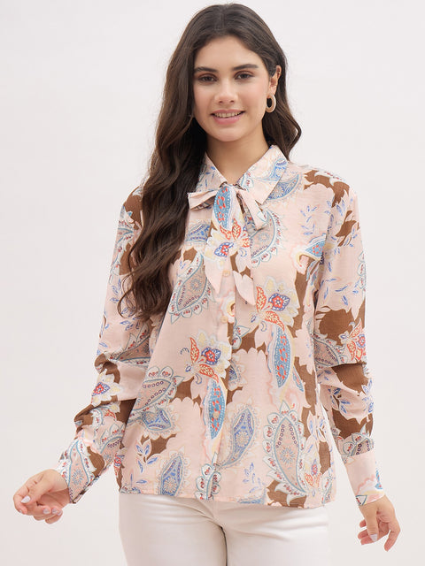 Madame Pink Paisley Print Shirt With Neck Tie
