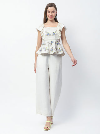 Madame Floral Print Top and Straight Trousers Off White Co-ord Set