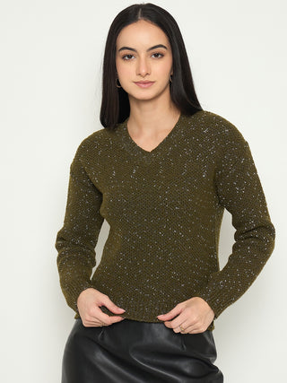 Madame Embellished Green Round Neck Sweater