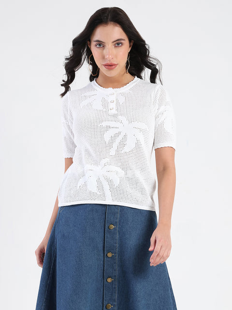 Madame Semi Sheer Botanical Pattern White Knit Top