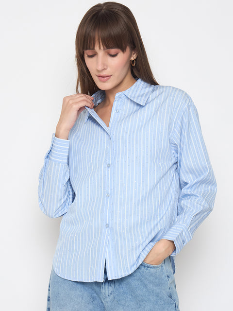 Madame Striped Cuff Sleeve with Shirt Collar Blue Shirt