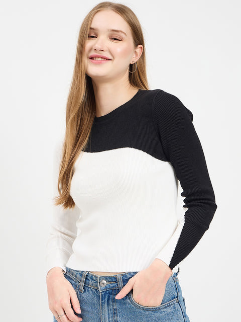 Madame Designer Colorblock Details Black Knit Top