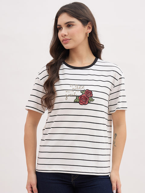 Madame Off White Striped with Print Half Sleeve T-Shirt