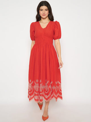 Madame Cutwork Embroidery Empire Waist Red Cotton Midi Dress