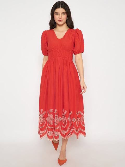 Madame Cutwork Embroidery Empire Waist Red Cotton Midi Dress