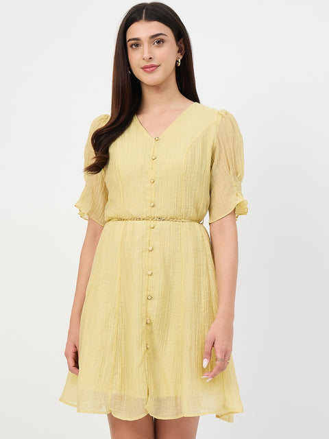 Madame Butter Yellow Fit and Flare Lyocell Dress with Chain Belt Madame Butter Yellow Fit and Flare Lyocell Dress with Chain Belt