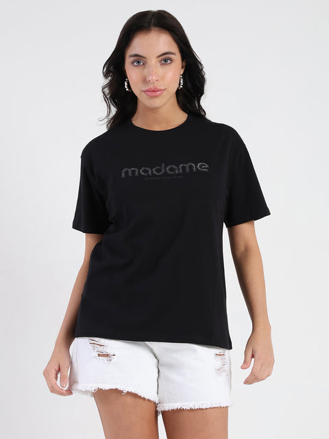 Madame Swarovski and Print Sticker Black Cotton T-shirt