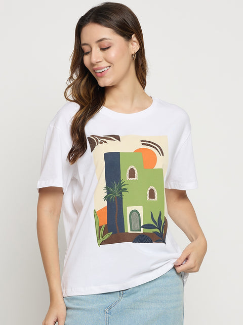 Madame White Graphic Print Cotton Round Neck T-Shirt
