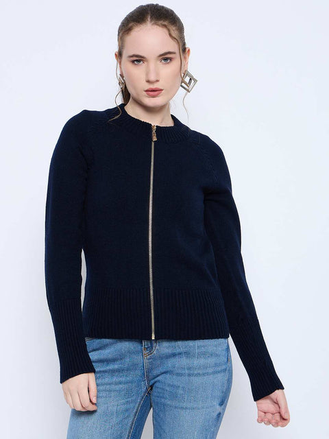 Madame Acrylic Blend Zipped Navy Blue Sweater