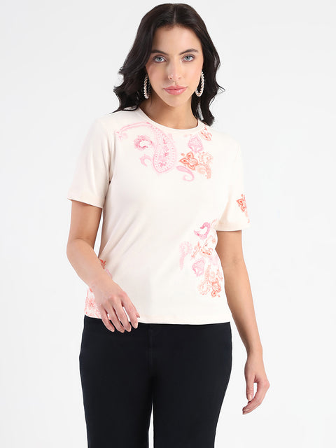 Madame Placement Sublimation Print Peach Smooth Rib T-Shirt