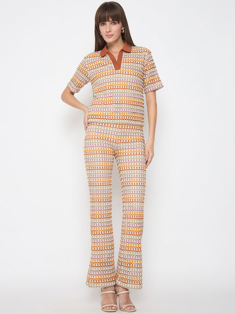 Madame Geometric Pattern Polo Top and Flared Pants Brown Co-ord Set