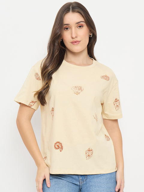 Madame Beige Printed Cotton Round Neck T-Shirt