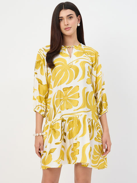 Madame Yellow Leaf Print Rayon Midi Dress