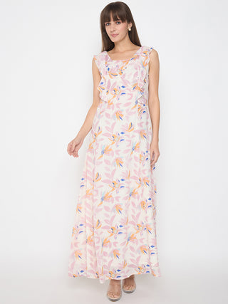 Madame Floral Print Ruffle Detail Off White Midi Dress
