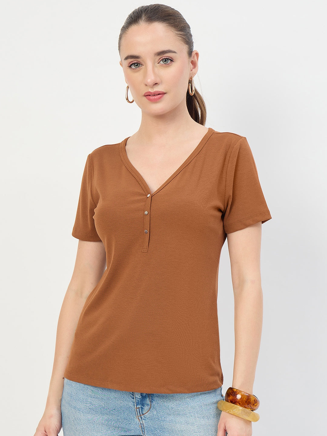 Madame Tan V-Neck T-Shirt with Button Placket color swatch