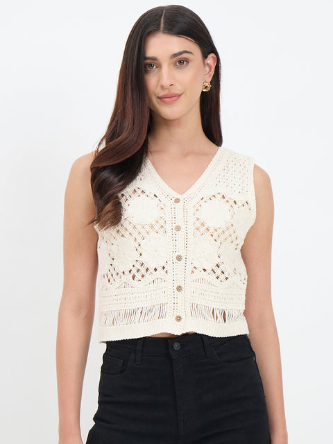 Madame Off White Cotton Embroidered Vest Top