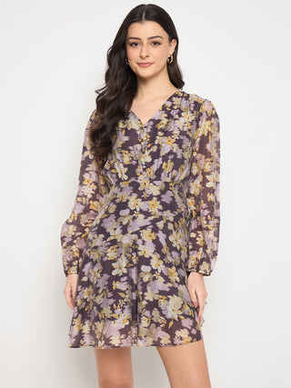 Madame Plum Floral Print Fit and Flare Dress