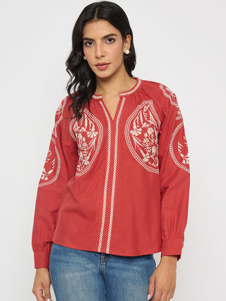 Madame Floral Embroidery Red Viscose Blend Top