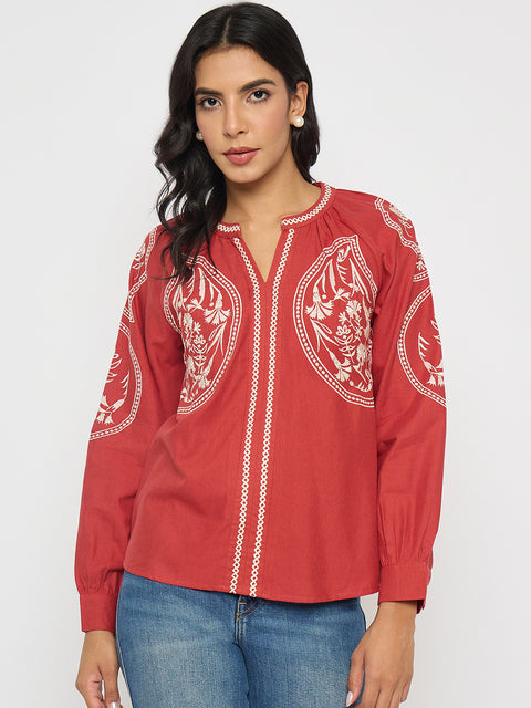 Madame Floral Embroidery Red Viscose Blend Top