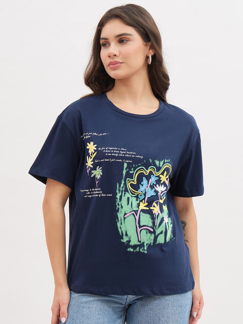 Madame Navy Graphic Print Cotton Half Sleeve T-Shirt