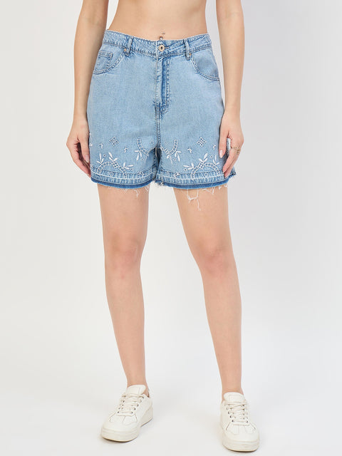 Madame Mid Blue Cotton Tencel Embroidered Denim Shorts
