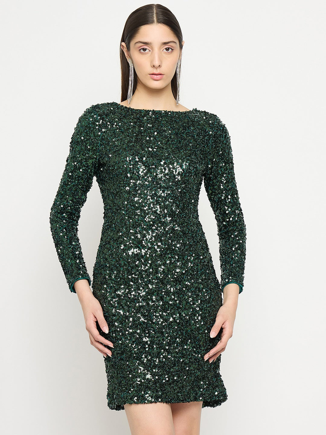 Madame Boat Neck Printed Green Bodycon Dress color swatch