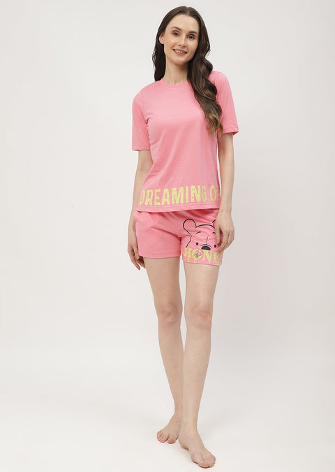 mSECRET Disney Pooh Printed T-shirt with Shorts Pink Nightsuit