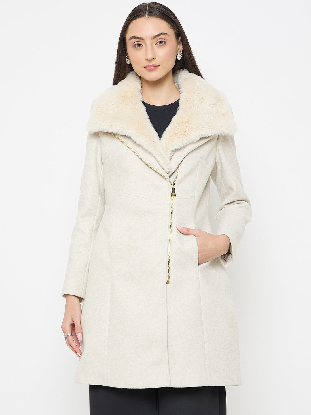 Madame Faux Fur Neckline Off White Long Coat color swatch