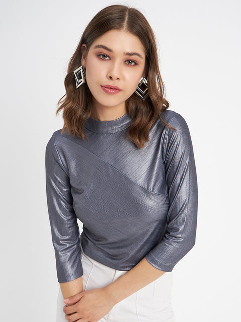Madame Shimmering Asymmetrical Seam Detail Navy Blue Top