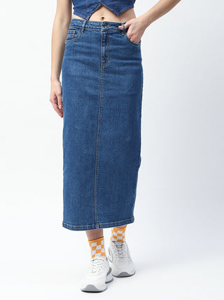 Madame Solid Mid Blue Cotton Blend Maxi Denim Skirt