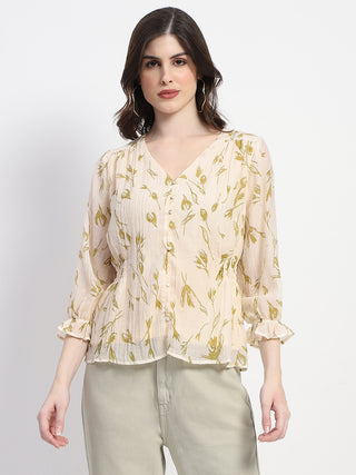 Madame Abstract Print V- Neck Olive Rayon Top