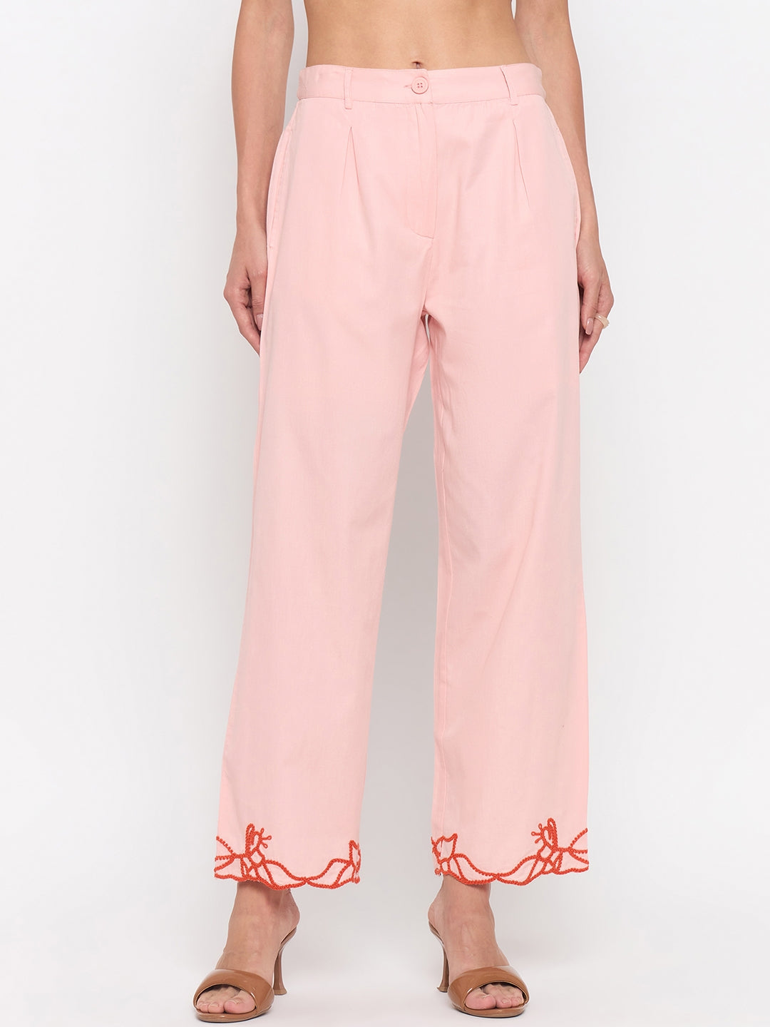 Madame Blush Pink Embroidered Cotton Trousers color swatch
