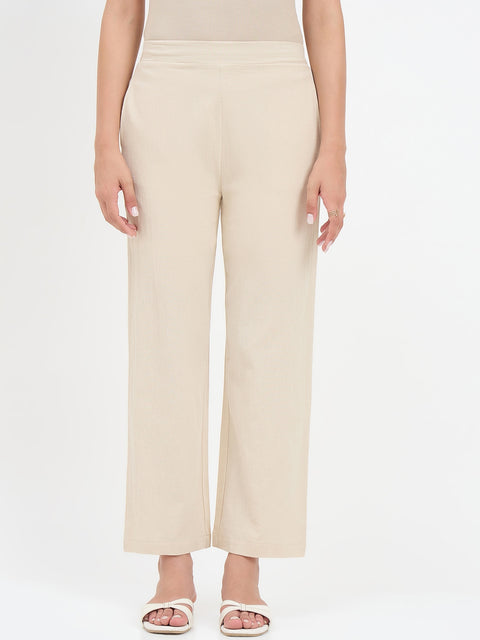 Madame Beige Cotton Straight Fit Trousers