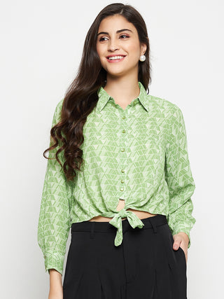 Madame Geometric Print Tie Front Green Shirt