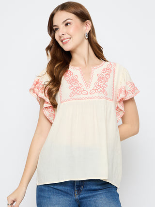 Madame Embroidered Rayon Blend Beige Top