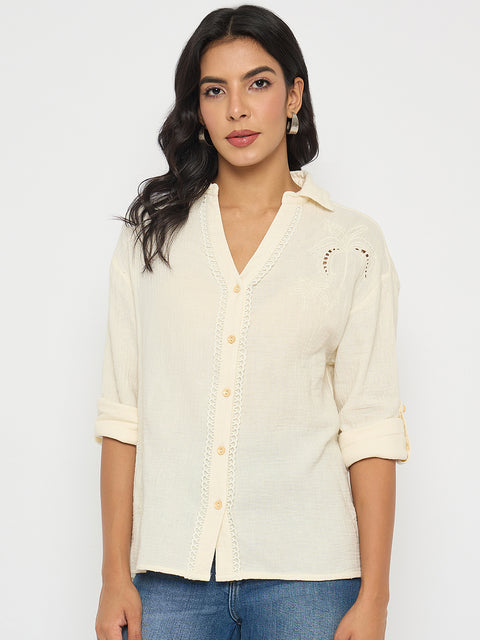 Madame Solid Off- White Cotton Shirt