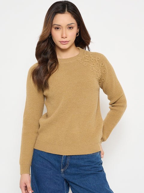 Madame Embroidered Khaki Solid Sweater
