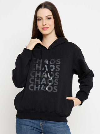 Madame Typograpy Print Hooded Cotton Blend Black Sweatshirt