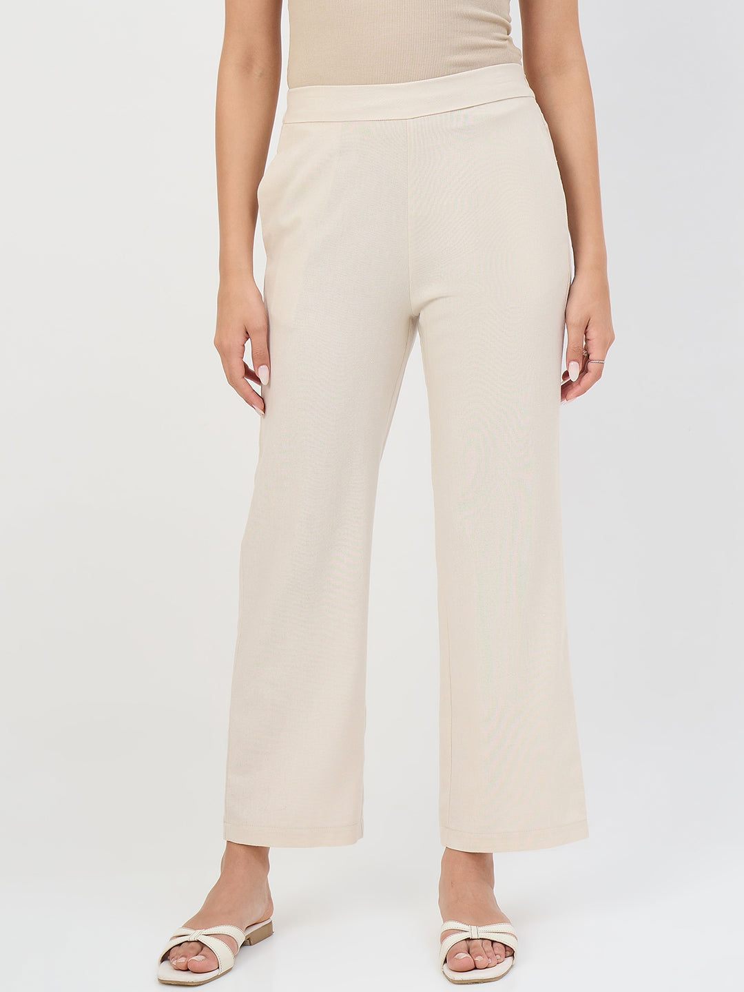 Madame Beige Elastic Waist Linen-Blend Trousers color swatch
