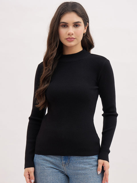 Madame Black Viscose Blend Full-Sleeve Basic Top