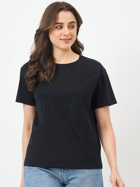 Madame Black Cotton Half-Sleeve T-Shirt