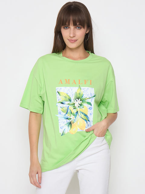 Madame Botanical Print Short Sleeve Green Cotton Blend T-shirt