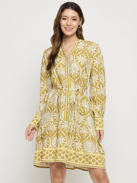 Madame Green Printed Rayon Mandarin Collar Midi Dress