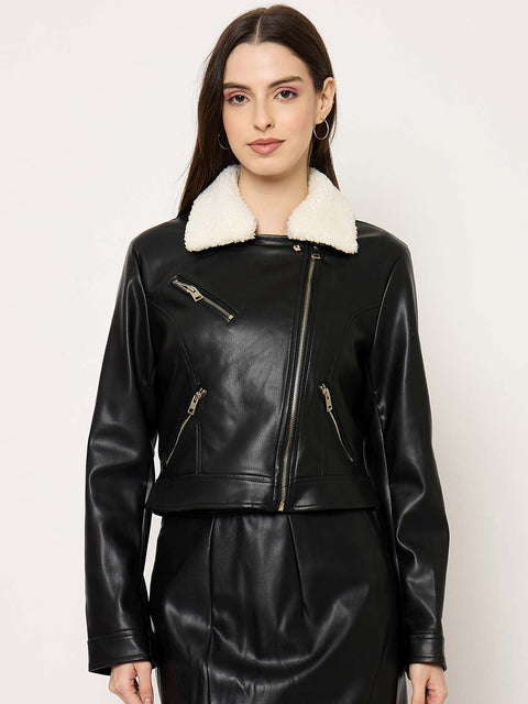 Madame Faux Fur Collar PU Leather Jacket
