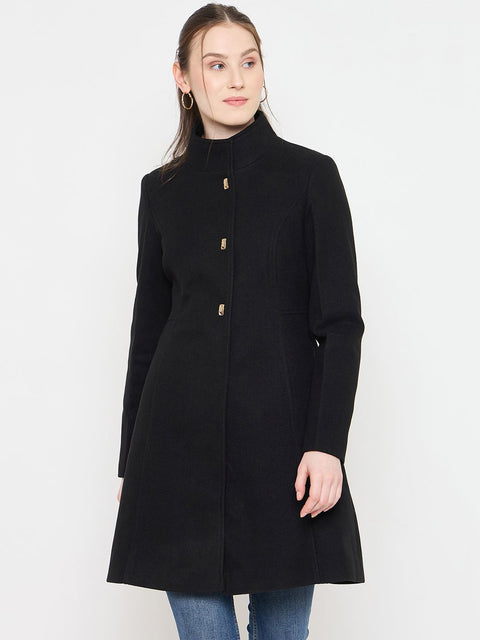 Madame Black Long Coat with Stand Collar and Buttons