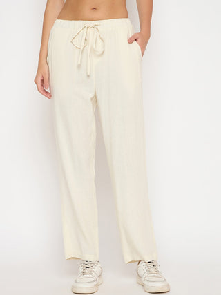Madame Solid Rayon Blend Cream Straight Trousers