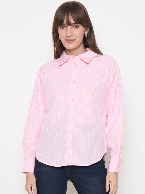 Madame Striped Cuff Sleeve Shirt Collar Pink Shirt
