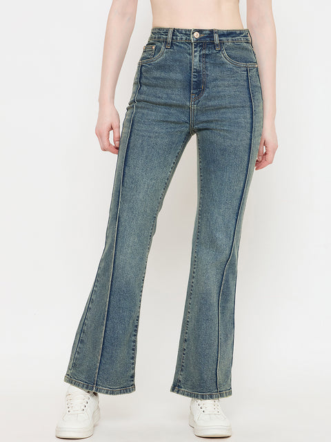 Madame Double Wash Tinted Green Straight Fit Jeans
