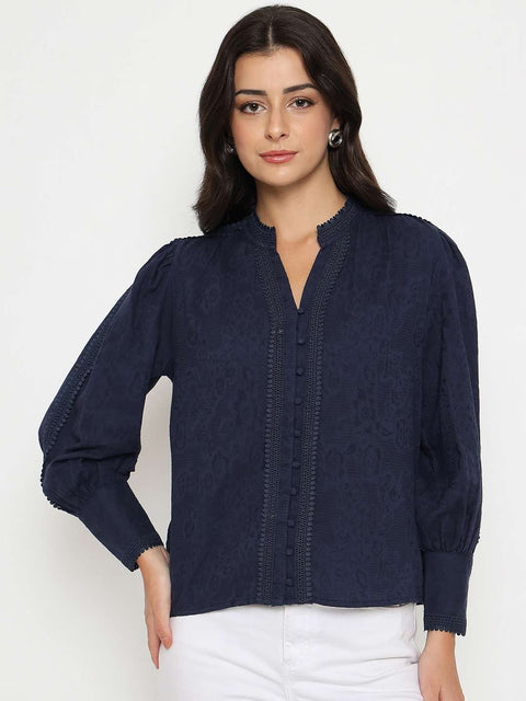 Madame Gathered Shoulders Navy Blue Cotton Top