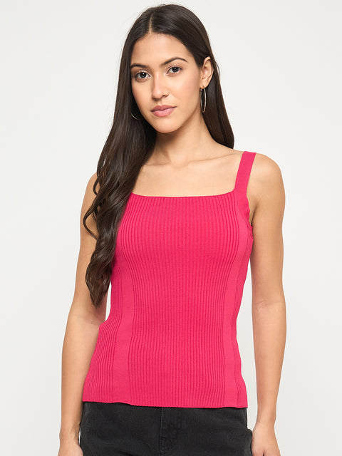 Madame Ribbed Sleeveless Raspberry Red Knitted Top